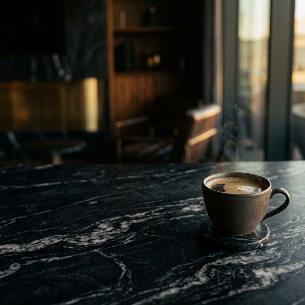 Aesthetic ceramic cup of black coffee positioned on the right side of a dark luxurious marble counter